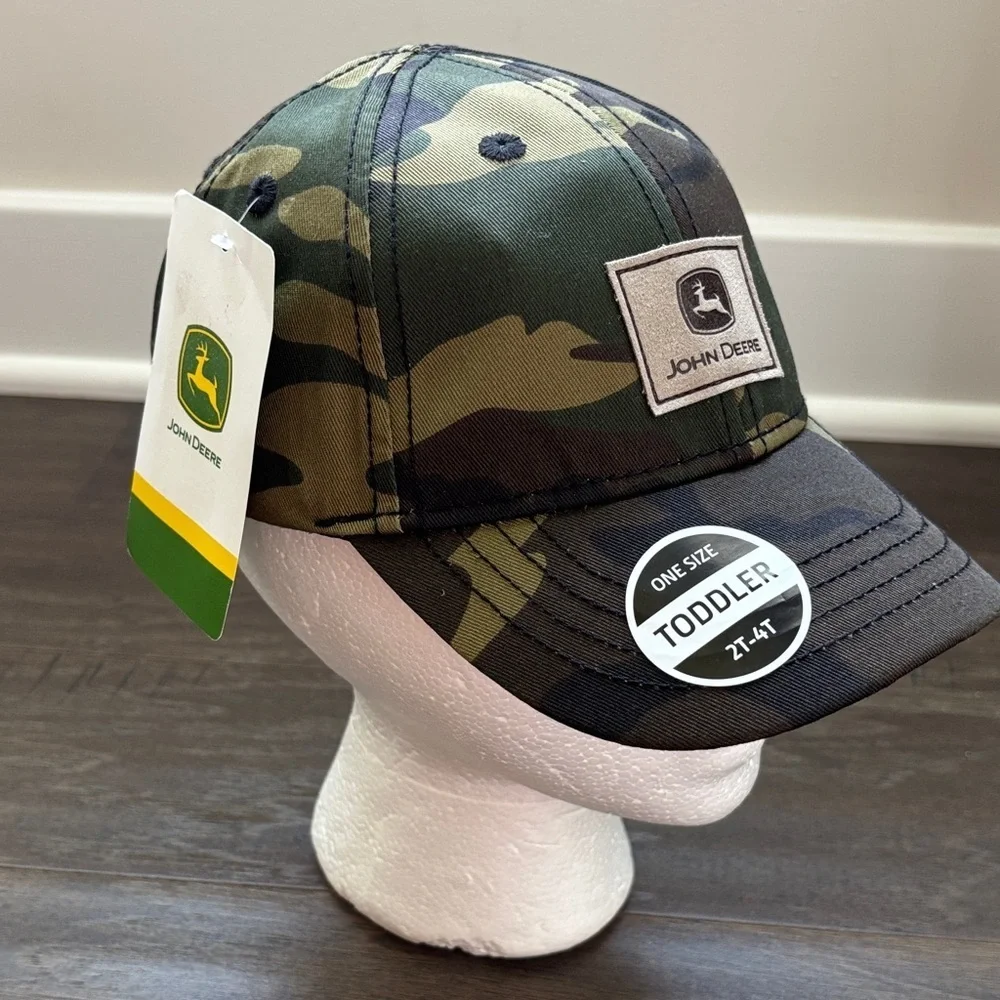 John Deere Toddler Camo cap,canvas 6 vent panel,elastic back,leather patch logo